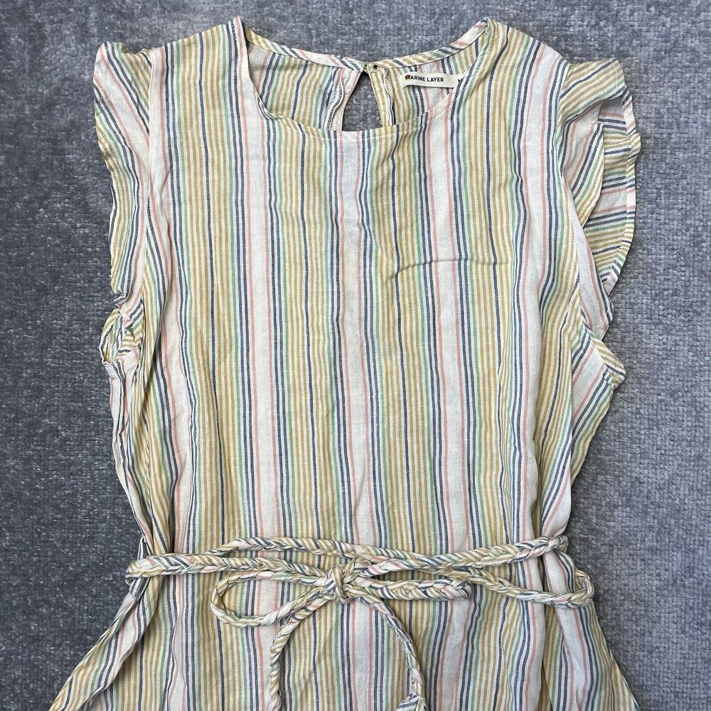 Marine Layer Dress Womens Medium Cream Pastel Stripes Tiered Ruffle Linen Belted - Picture 2 of 8